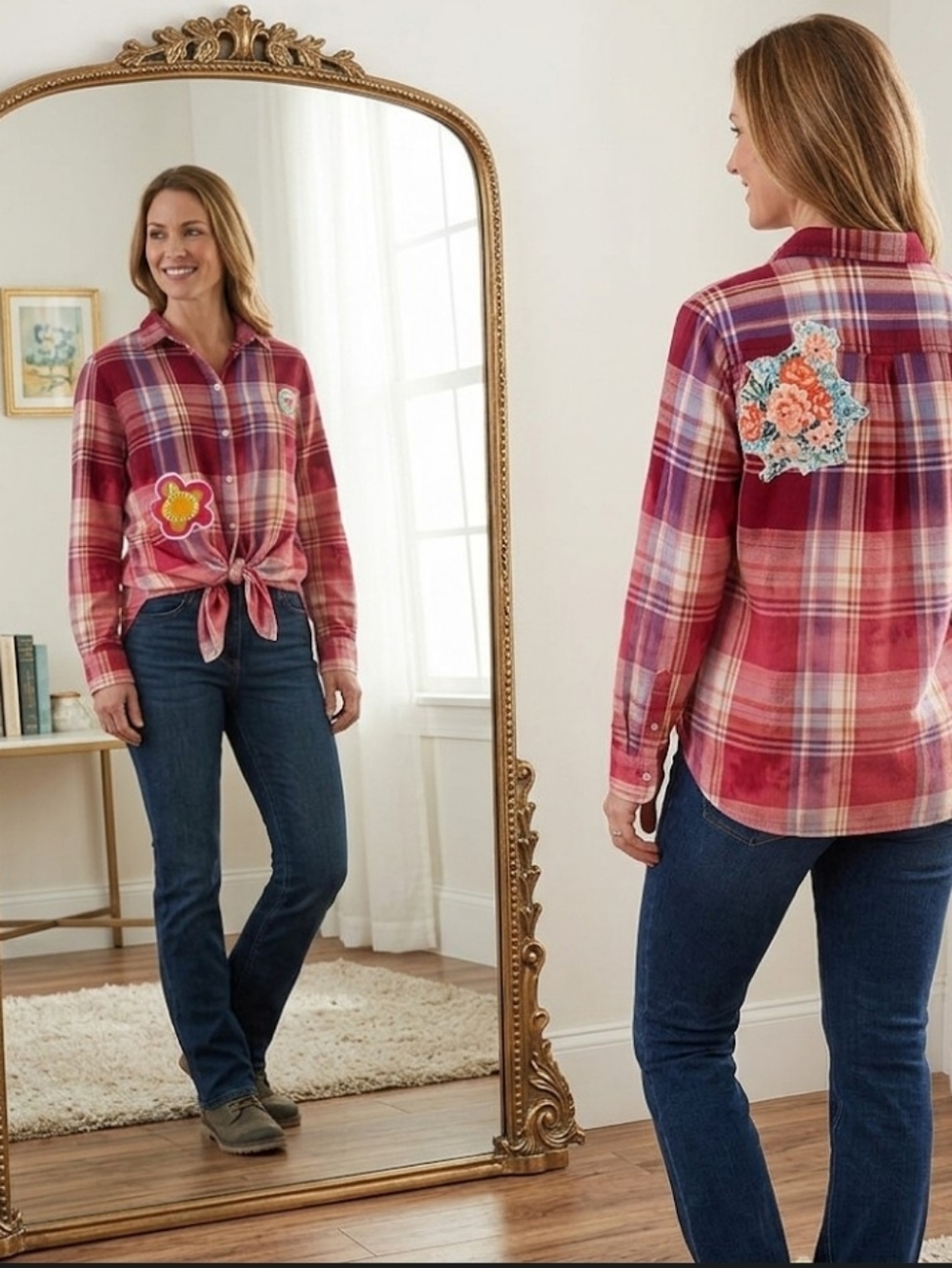 Ombre dip dye plaid Shirt M upcycled appliqued rose pink one of a kind